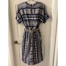 Vintage Dorothy Samuel Rayon Dress 16 Blue White Geometric Belted Midi Dress EUC