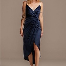 DB Studio NWT Dress Satin Navy Blue Surplice Davids Bridal size 18