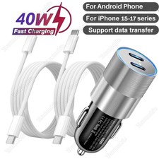 40W USB C Fast Car Charger For iPhone15 16 17 Air Samsung Type C Charging Cable