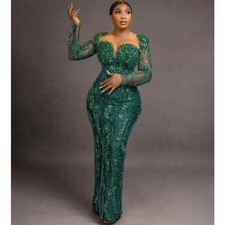 Sparkling Emerald Green Mermaid Prom Dresses Crystal Long Sleeves Evening Gowns