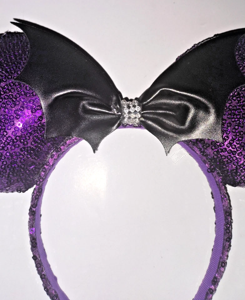 Disney Halloween Minnie Mouse Orejas de Murciélago Púrpura Negro Lentejuelas Lazo Diadema Disfraz Foto 3 de 4