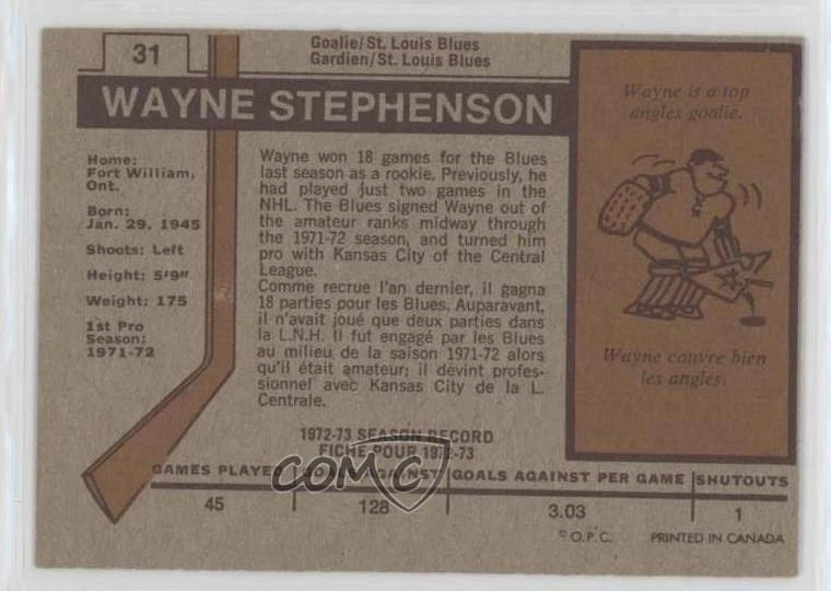 1973-74 O-Pee-Chee Dark Back Wayne Stephenson #31 - Image 2 of 2