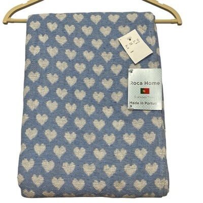 Roca Home Throw Blanket Blue White Heart Texuted Fringe Oversized  Portugal