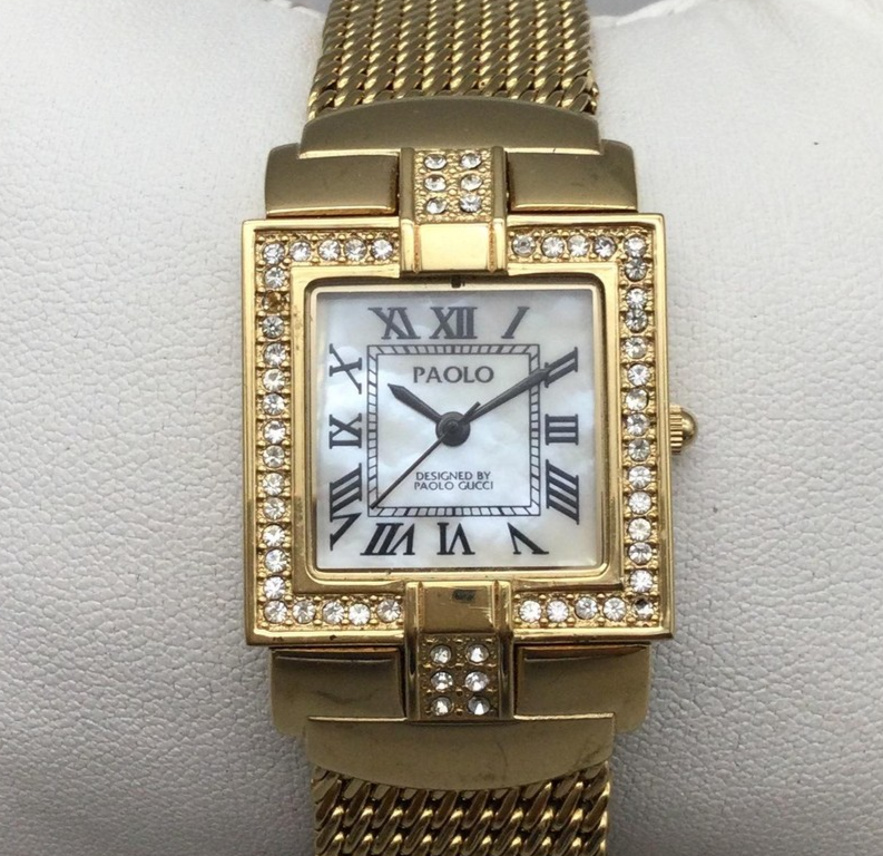 美品 稼働 新品電池 PAOLO GUCCI メンズ 腕時計 スクエア ゴールド Paolo Gucci Watch 25mm Womens MOP Dial Gold Tone Crystal Bezel New
