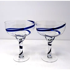 Pier 1 Imports Swirline Cobalt Blue Margarita Glasses Set Of 2 Barware Handblown