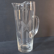 Vintage Hand Blown Clear Glass Ice Lip Pitcher Wheel Etched Floral No Seams 9 in