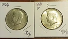 1966 & 1968-D KENNEDY HALF DOLLAR 50c - BU UNCIRCULATED  40% SILVER - TWO COINS