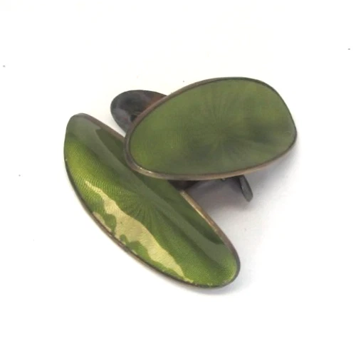 Gemelos ovalados modernos de mediados de siglo esmaltados de plata de ley verde Foto 4 de 4