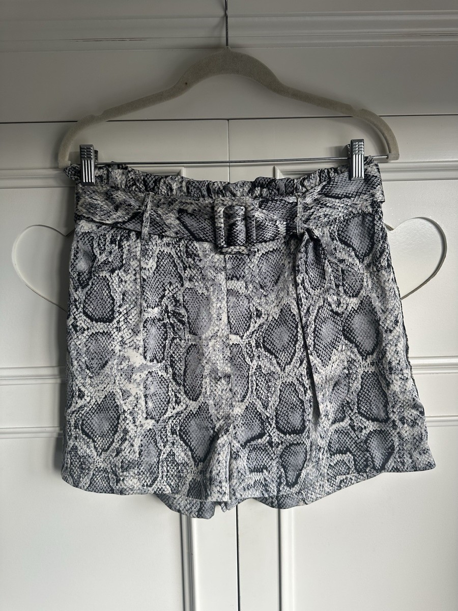 Boohoo High Waisted Satin Snake Print Belted Shorts Size 12 UK