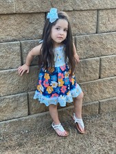 Blue Floral Toddler Ruffle Dress with Spaghetti Strap Ties