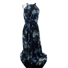 Eliza J Maxi Dress Womens 8 Blue Floral Halter Chiffon Gown Wedding Guest Fem