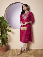 Women Pink Kurta Embroidered Silk Blend Bollywood Kurti Top Tunic Dress NEW