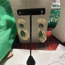 Beautiful Gold Tone & Green Bead & White Rhinestone Pierced Earrings 3 By 1 1/2”