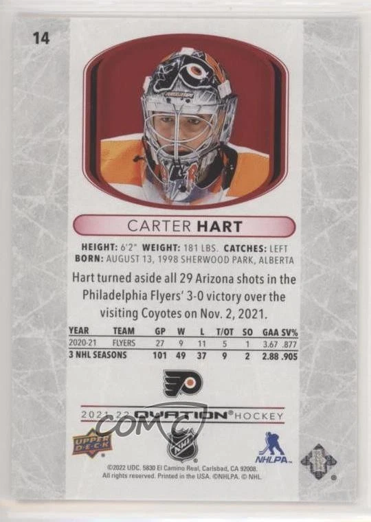 2021-22 Upper Deck Ovation Red Standing Ovation /100 Carter Hart #14 - Image 2 of 2