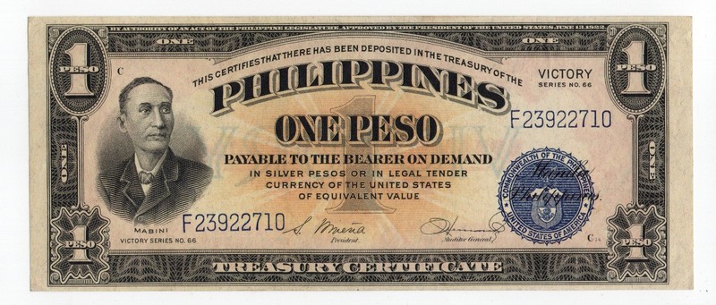 Philippines One Peso Silver 1 Peso Banknote Victory Series No. 66 CRISP