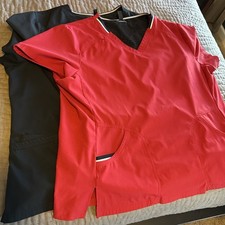 2 Women  s Elle Scrub Tops Red  Black Pockets Nurse Medical Uniform