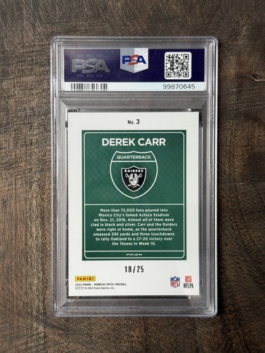 2023 Donruss Optic International Downtown Derek Carr Black Pandora /25 - PSA 10 - Picture 2 of 2