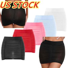 Women's Mesh Sheer Ruched Mini Skirt Solid Clubwear Bodycon Skirts Slim Fits