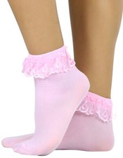 Women's Opaque Ankle High Socks With Ruffled Lace Top - Pink