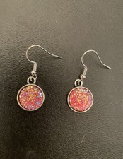 Dainty Retro Coral Glitter Druzy Silver Circle Drop French Wire Earrings