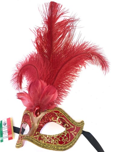 RED VENETIAN HALLOWEEN MASKS DECORATIVE FEATHER COSTUME MASK Made in Italy - Picture 2 of 3