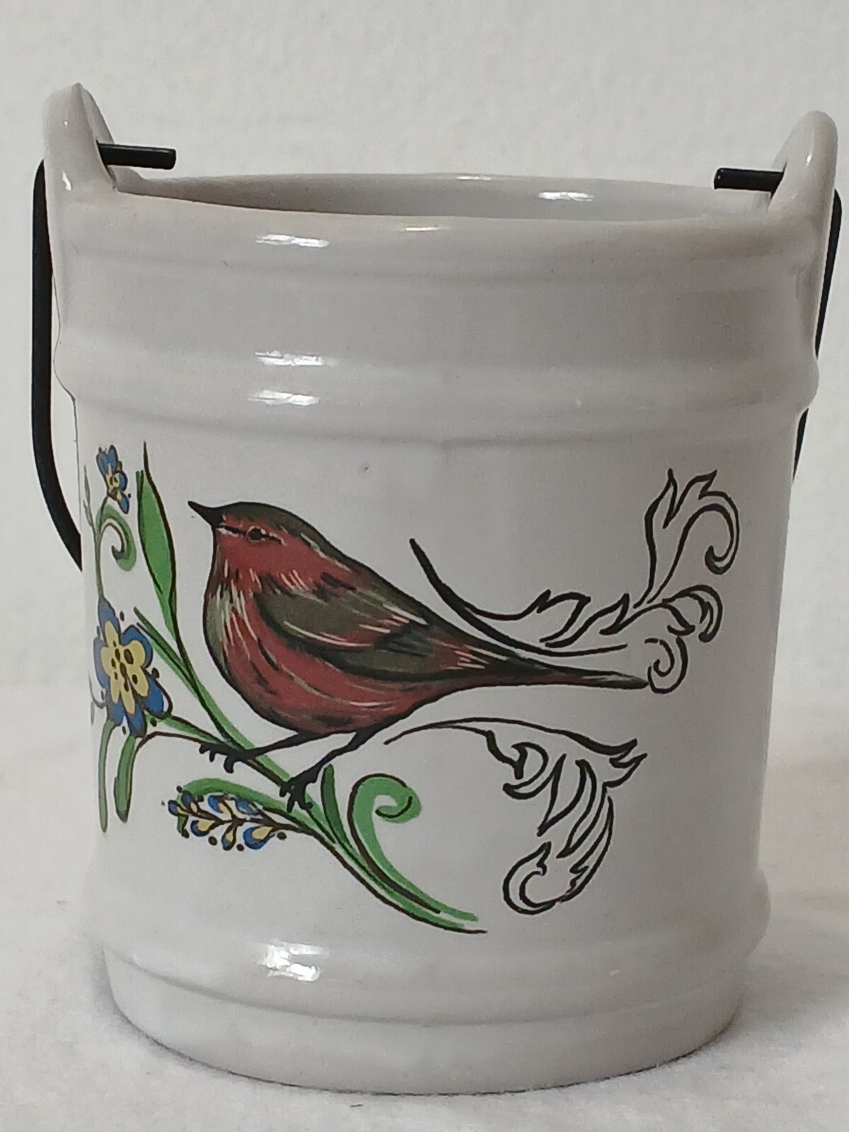 Mini Ceramic Bucket Candle Holder with Red Bird Floral Design and Metal Handle for Spring Cottage Decor  