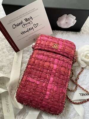 Auth Chanel Paris Tweed Chain Around Phone Holder Purse