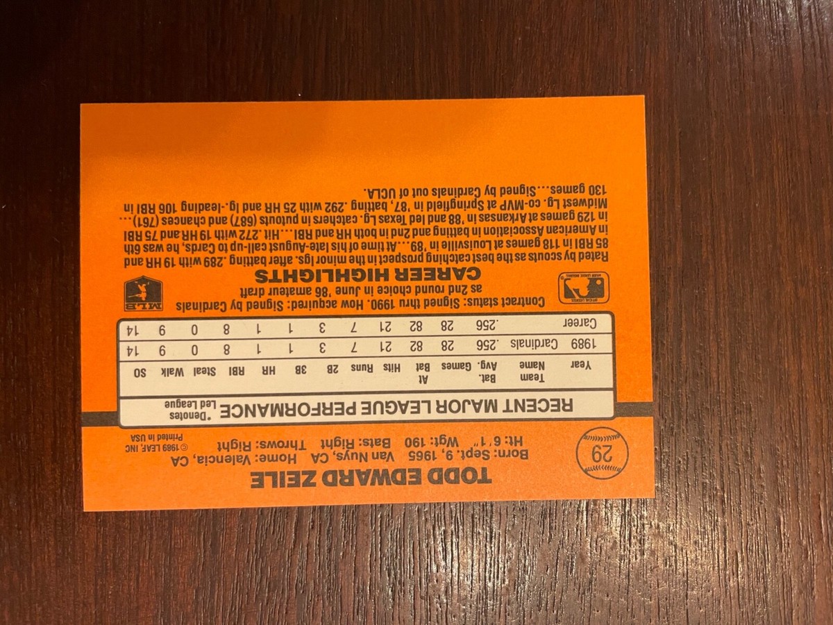Todd Zeile #29 Donruss Rookie Error Card, No Dot After Inc