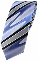 Schmale Tigertie Designer Krawatte In Blau Schwarz Silber Grau Gestreift