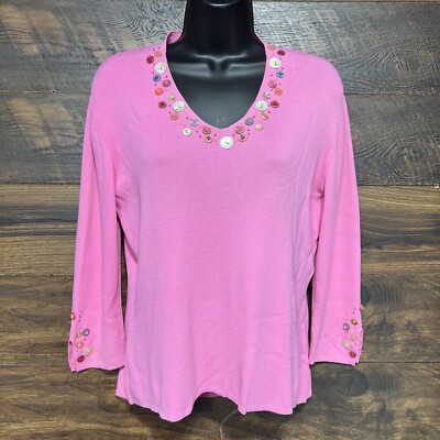 K K I T Vintage Sweater Top Pink Button and Beaded Shirt Long Sleeve Pullover