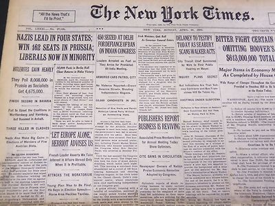 1932 APRIL 25 NEW YORK TIMES - NAZIS LEAD IN 4 STATES, HITLERITES GAIN - NT 4835