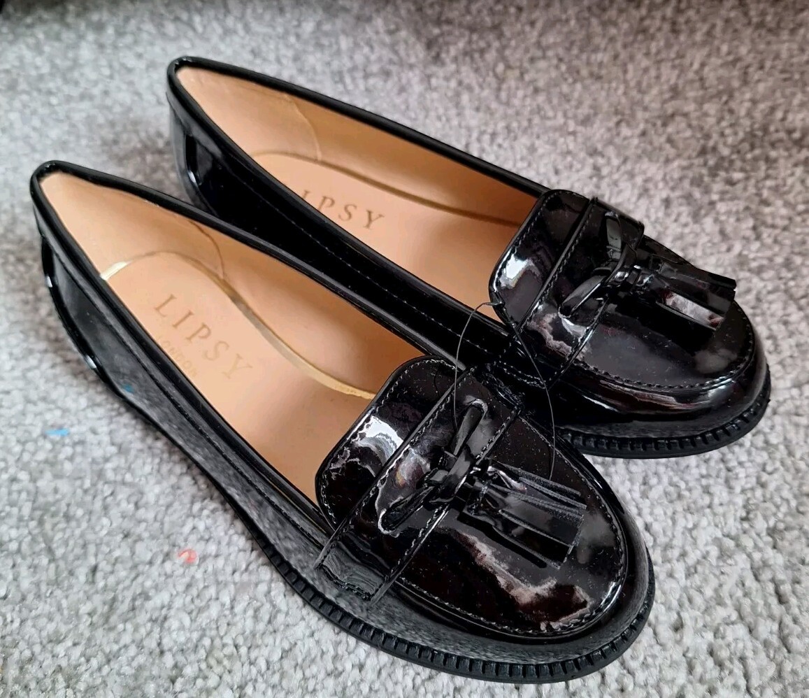 Lipsy Girls Black Patent Loafer Shoes With Tassels Size UK 11