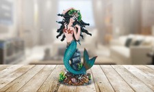 Turquoise Princess Mermaid Sitting on Rock Statue 11"H Figurine Room Decor
