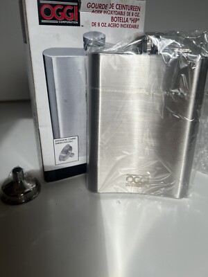 OGGI Stainless steel hip flask 8oz NOS new w/ funnel. Brushed Stainless Finish