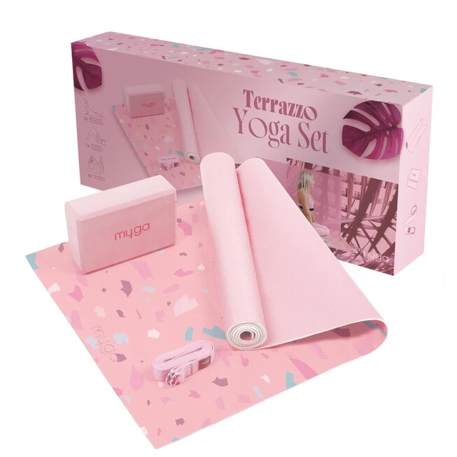 Yoga Mat Starter Kit Block Sling Strap 6mm Pilate Fitness Gym Pink Myga Terrazzo