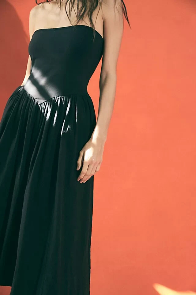Free People Onda Drop-Waist Tube Midi Dress Black Slim Pull On Free-Est New  L | eBay