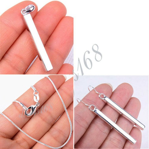 4pc 925 Sterling Silver Tarnish-Free Vertical Bar Earrings+Pendant+Necklace S108