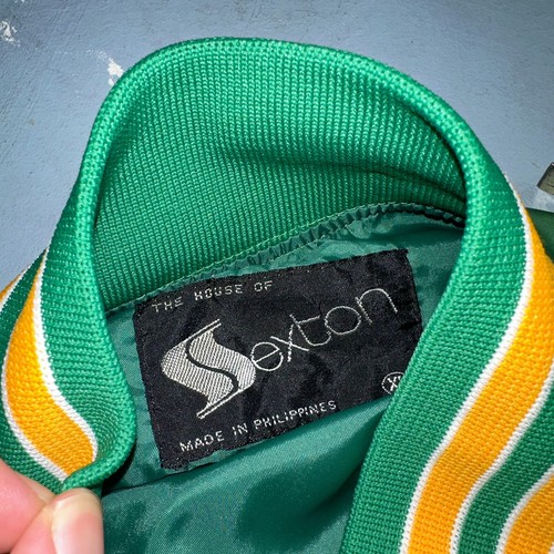 Vintage 70s 80s Sexton Green And Yellow Satin Varsity Bomber Jacket Mens XL - Picture 7 of 12