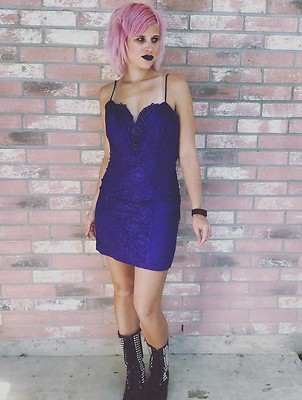 VINTAGE 80's Royal Purple Brocade Lace Trim Sweetheart Neck Mini Party Dress  2/4 | eBay