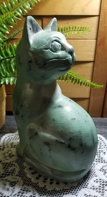 Cat Figure Green Wood Thailand 9.5''