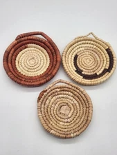 Trio of Miniature Southwest Hand Woven Coil Hanging Baskets 4"