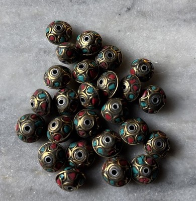 5pcs Tibetan Brass Coral Turquoise Beads 10x8mm CC64
