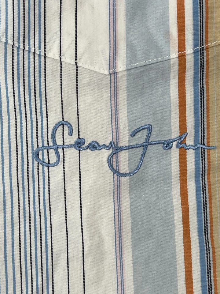 Camisa abotonada vintage Sean John blanca naranja azul a rayas para hombre XXL Hip Hop Y2K Foto 3 de 4