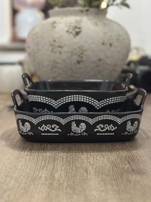 Temp-tations DOODLE DOO BLACK 1- Q Baker ROOSTER Dishes- TWO