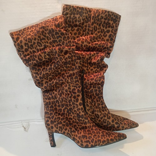Time and Tru Women Sz 7 Faux Suede Slouch Boots with Kitten Heels Color Leopard