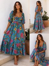 Farm Rio women size XS/S Toucans Garden Floral Puff Sleeve Open Back Midi Dress