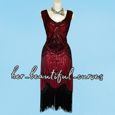 LADIES 20s GATSBY SEQUINED BEADED FRINGED FLAPPER PARTY DRESS SIZE XL fits 16