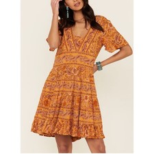 Patrons of Peace Orange Paisley Boho Tiered Swing Mini Dress Cottagecore M
