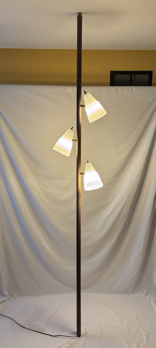 Vintage Mid Century Atomic Tension Pole Floor Lamp 3 Light Cone Shades