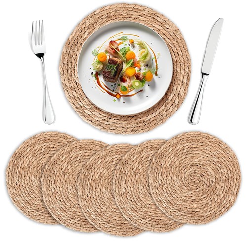 Round Woven Placemats Set of 6 | Handmade Natural Wicker Placemats for Holida...